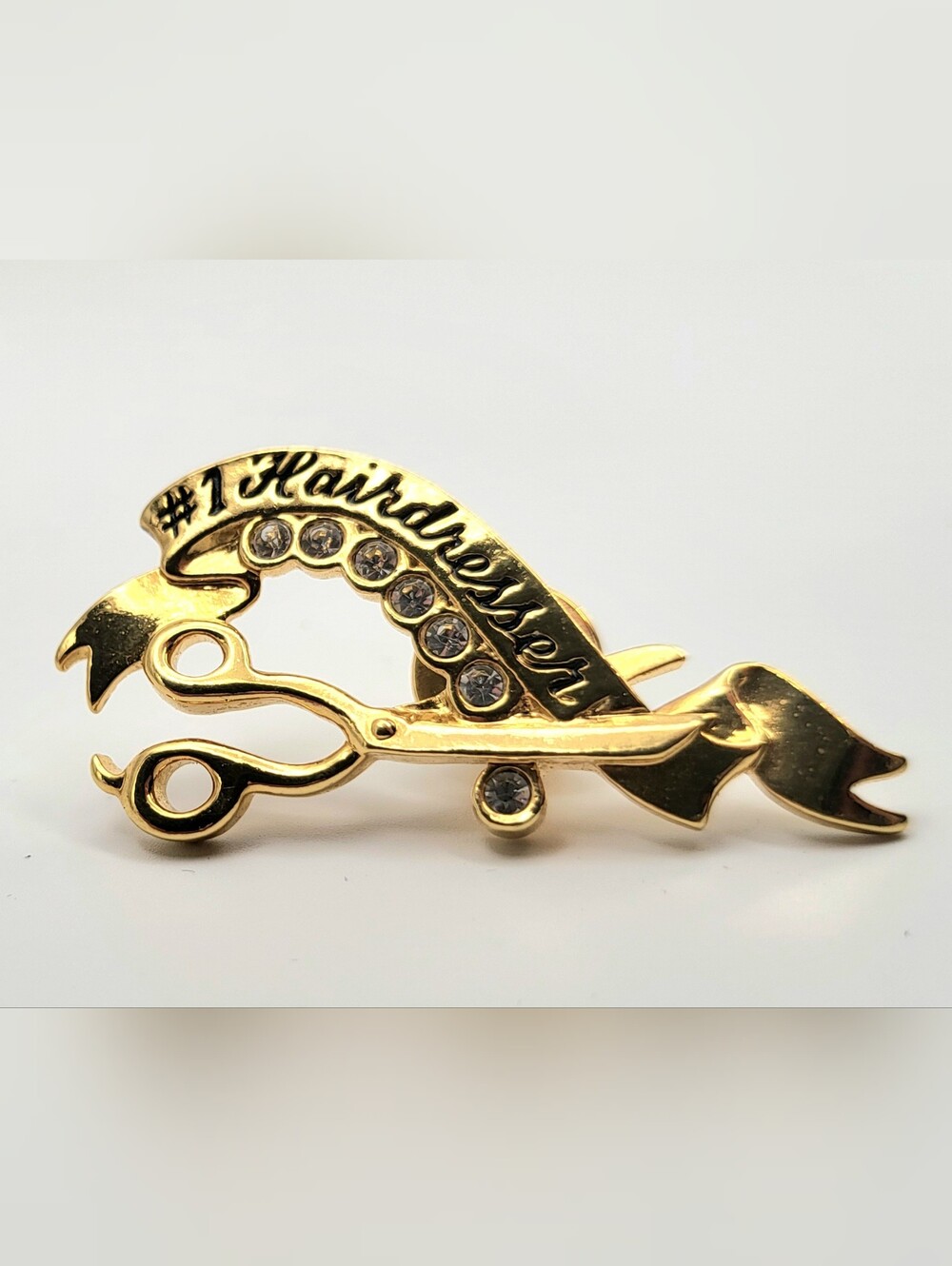Vintage #1 Hairdresser Scissors Rhinestone Gold Tone Pin by Avon Sz - 1.75"